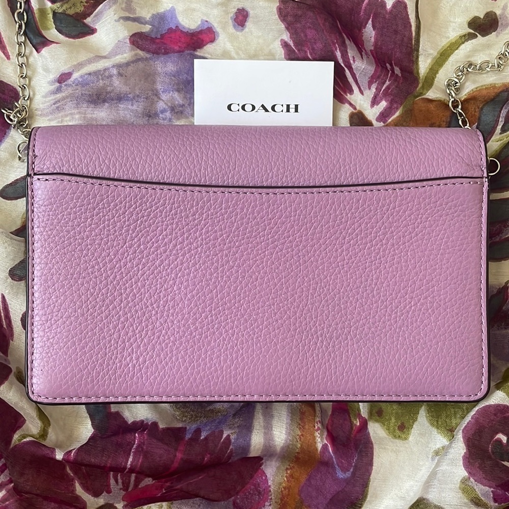 Brand New Coach Genuine Leather Foldover Clutch Crossbody Chain Purse Purple - Picture 3 of 16